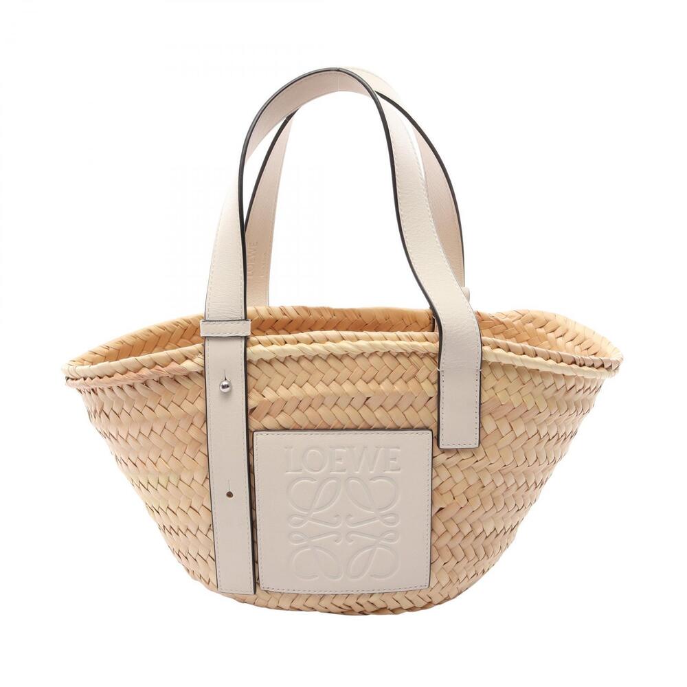 Loewe Basket Top Handle Bag Leather Raffia Beige White